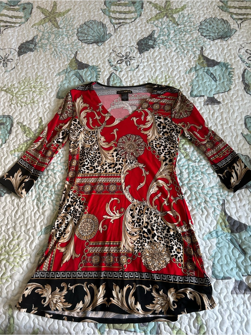 Red Baroque-Print V-Neck Tunic Top